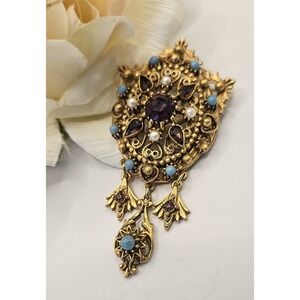 Victorian Style Florenza Faux Turquoise and Amethyst Rhinestone Brooch